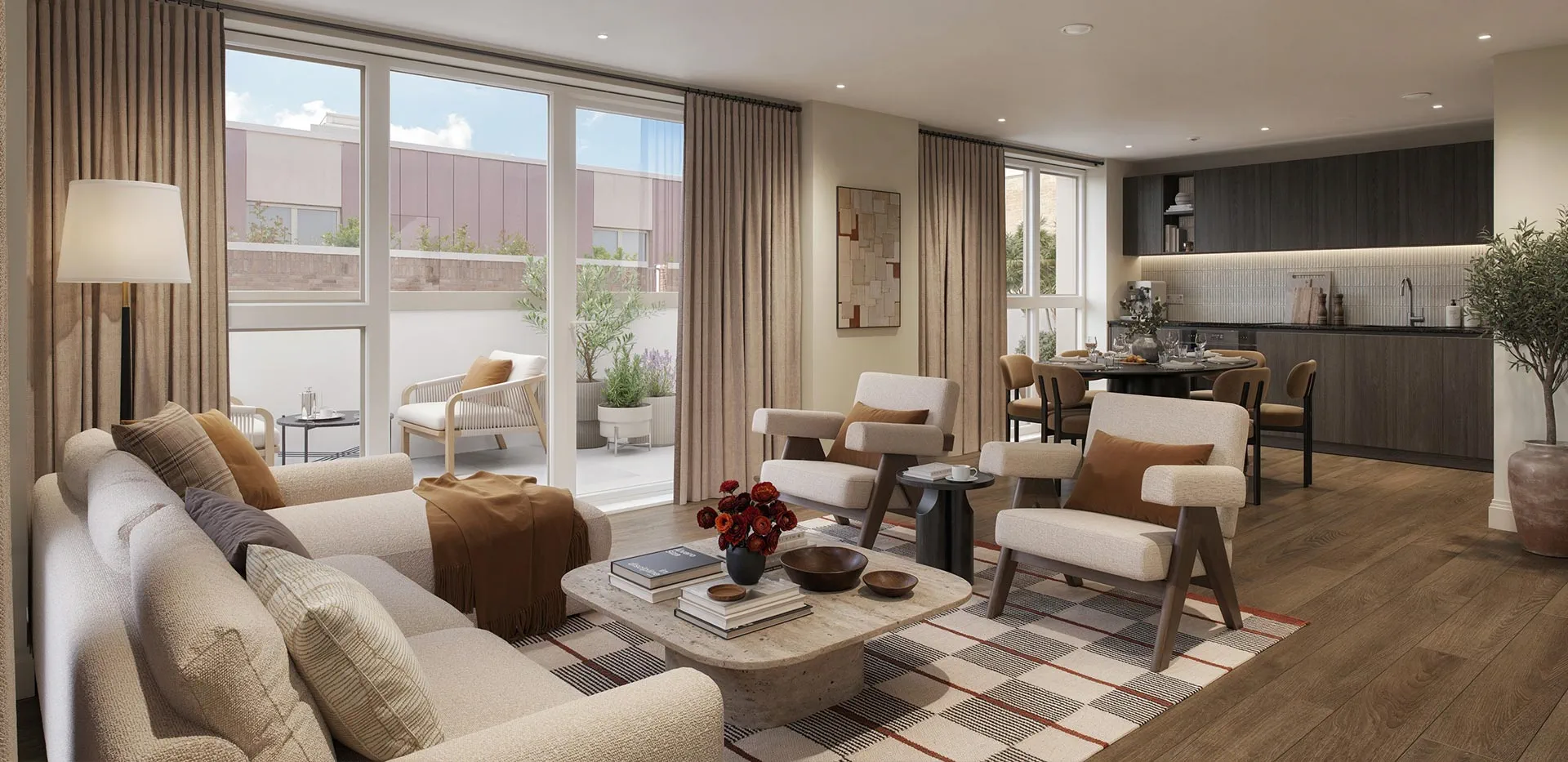 Open-plan living, dining and kitchen