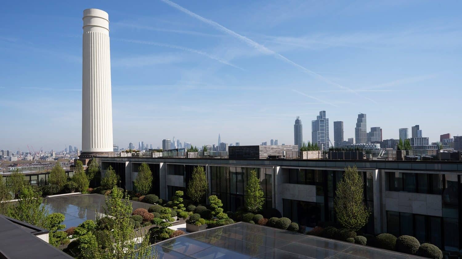 Rooftop terrace with chimney and skyline views