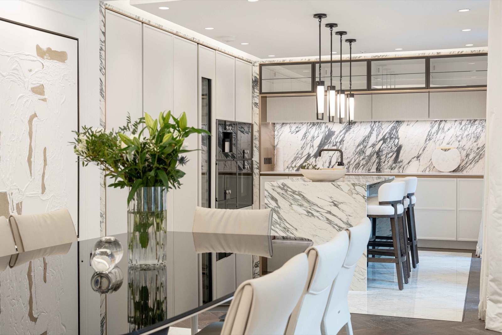 Kitchen and dining with marble island
