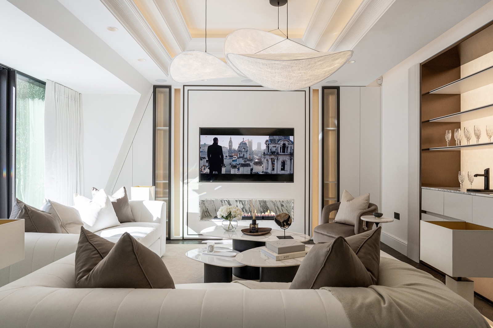 Living room with marble fireplace